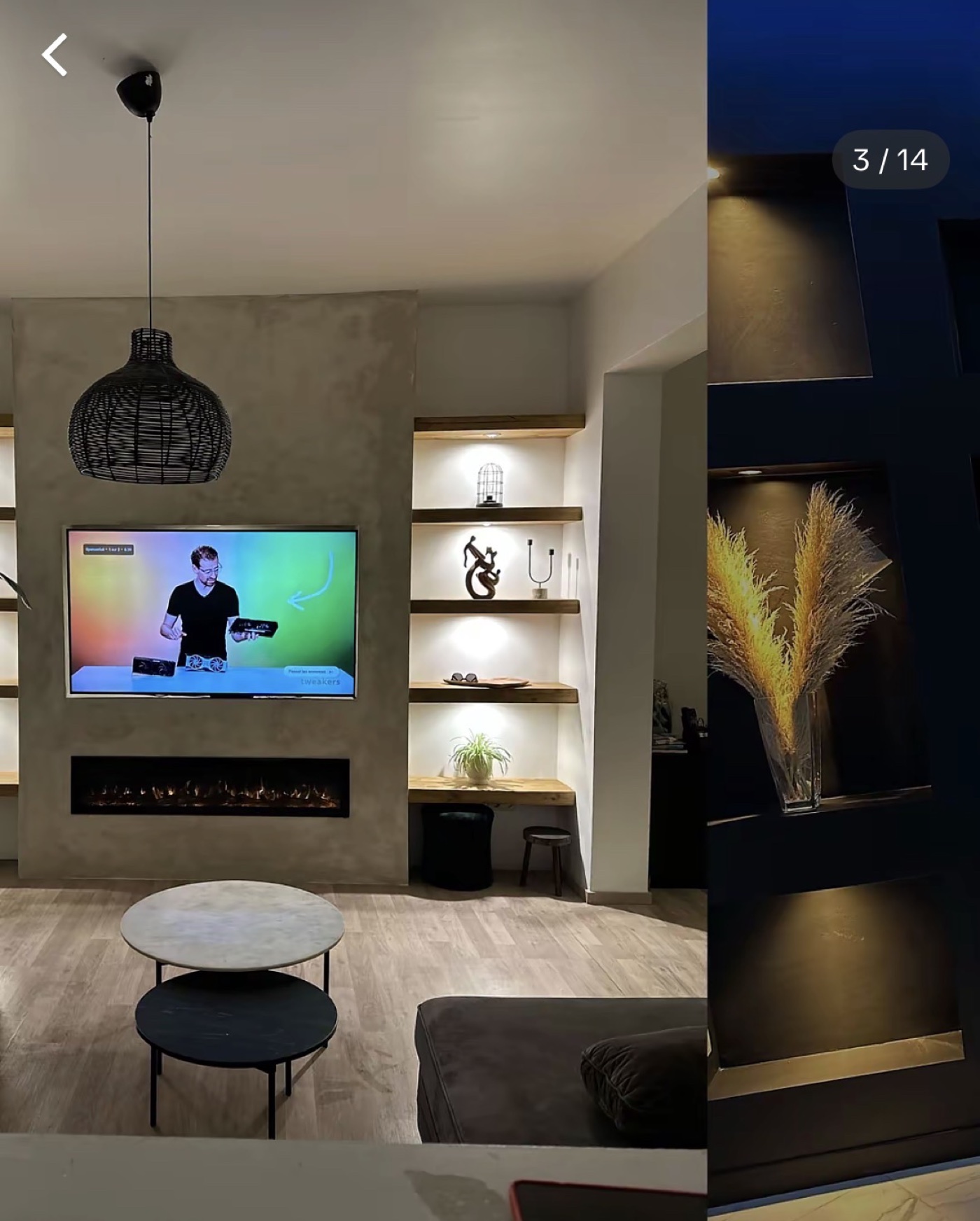 Mur TV béton ciré et étagères