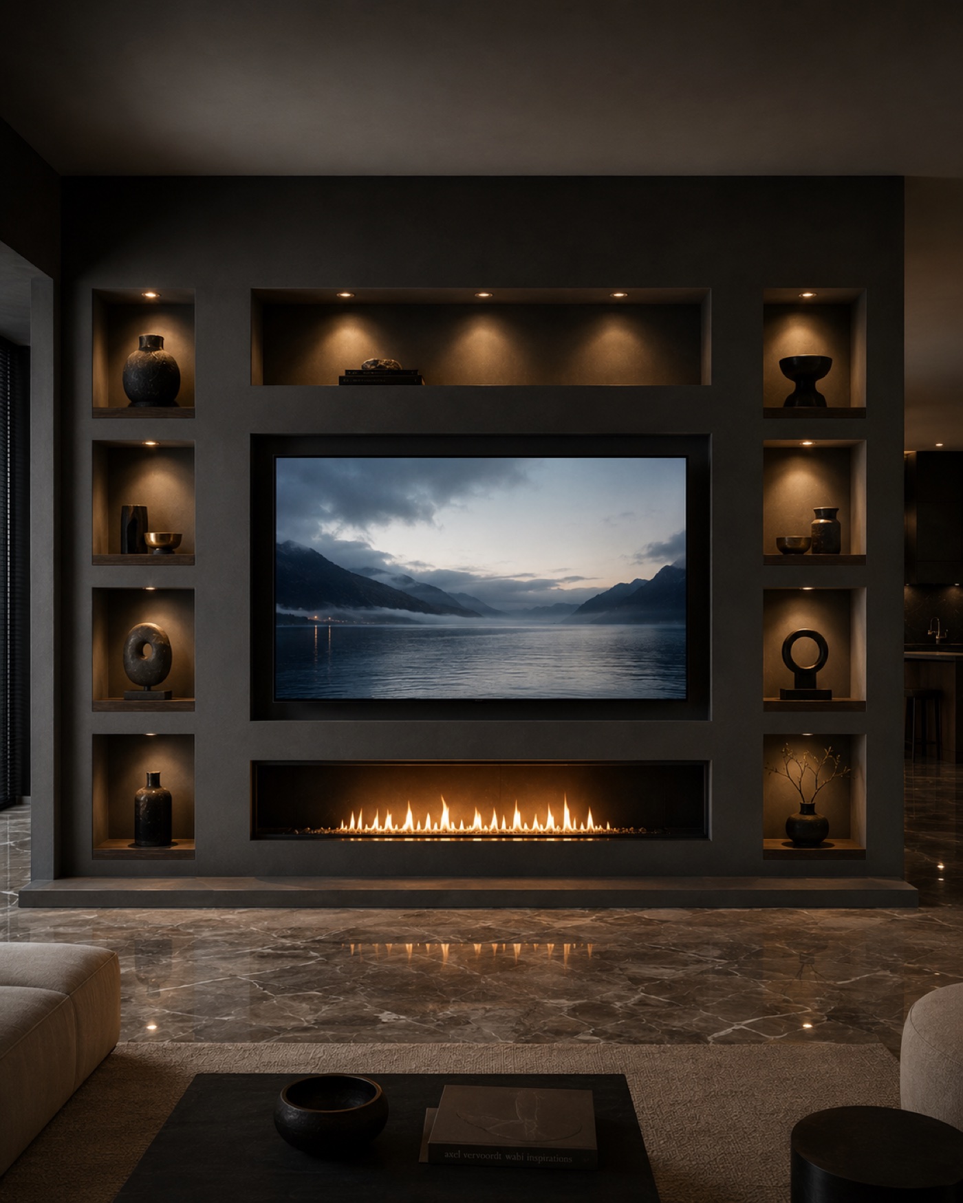 Mur TV sombre, niches et cheminée la nuit