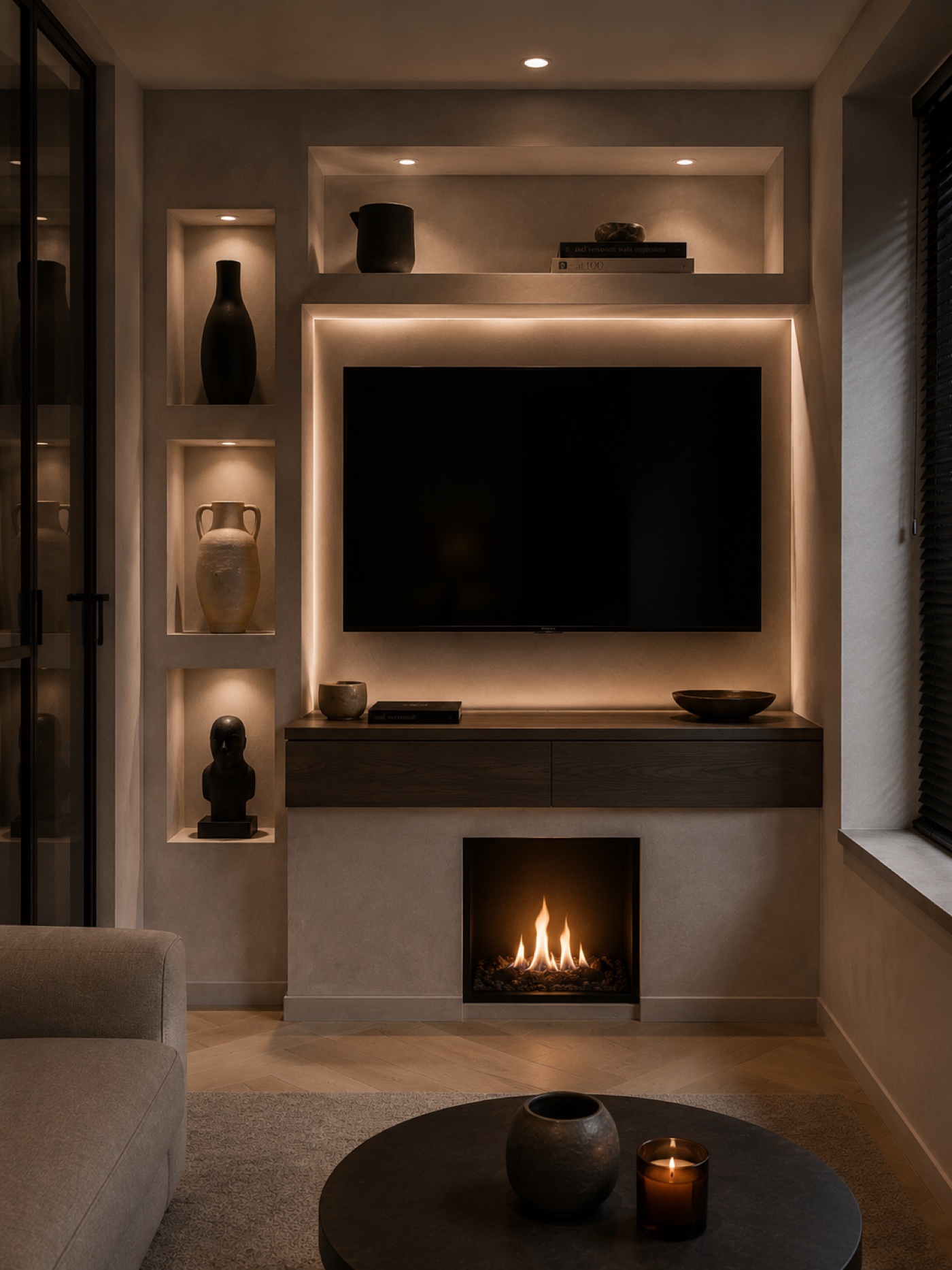 Mur TV avec halo lumineux et cheminée
